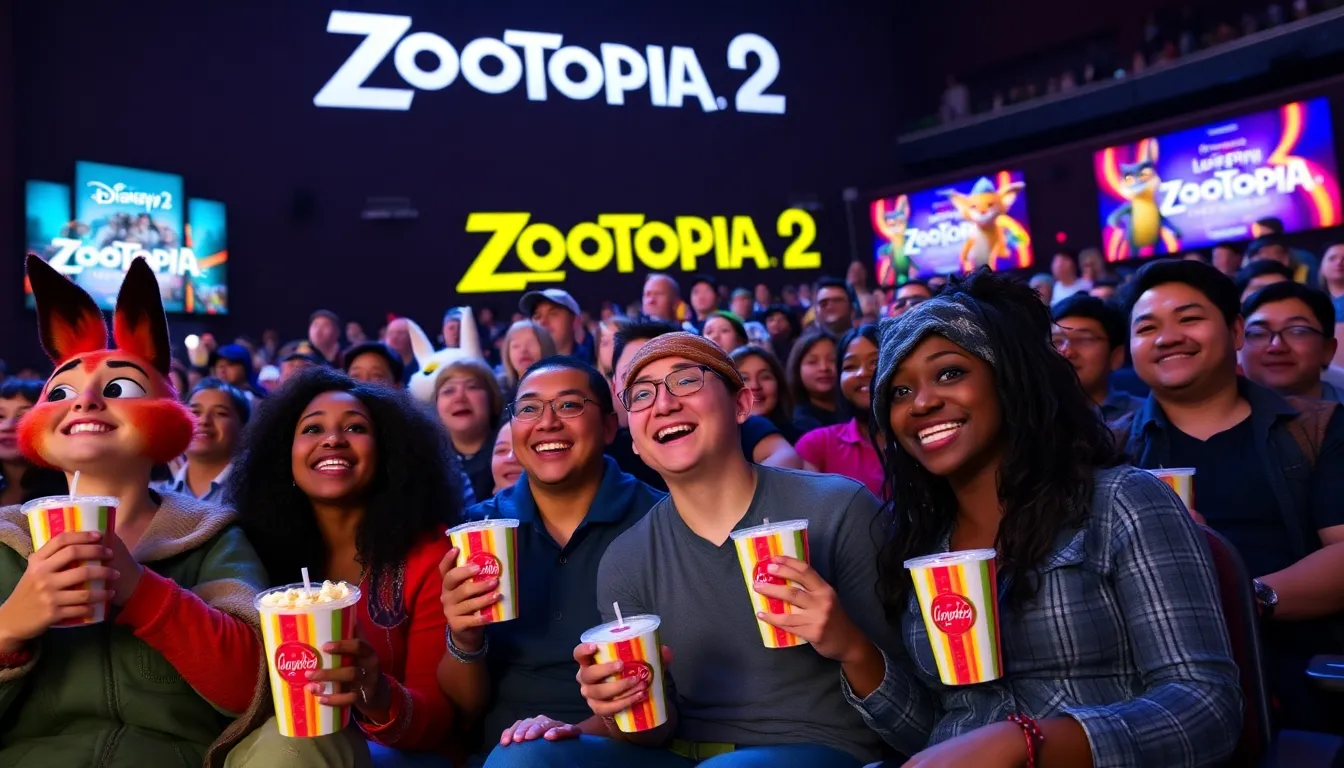 A crowded cinema lobby filled with moviegoers eagerly discussing their plans to watch Zootopia 2, reflecting the film's widespread appeal