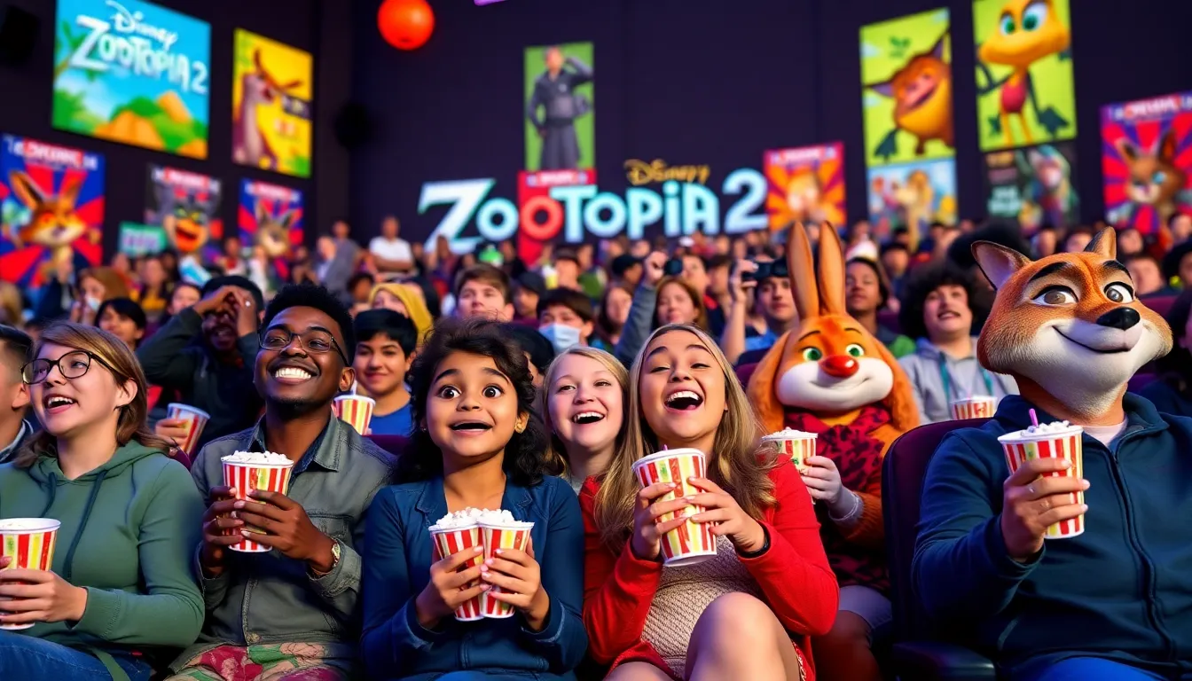 A crowded movie theater showcases excited families and children eagerly waiting to see Zootopia 2, while a smaller group of viewers appears disinterested as they approach the screening of Ella McCay.