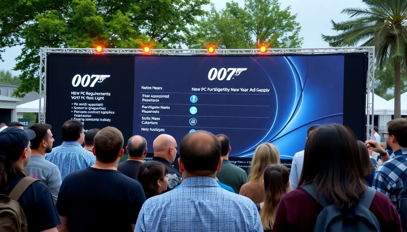 A comparison chart displaying the minimum and recommended specifications for '007 First Light,' emphasizing the absence of 4K requirements alongside older GPU compatibility
