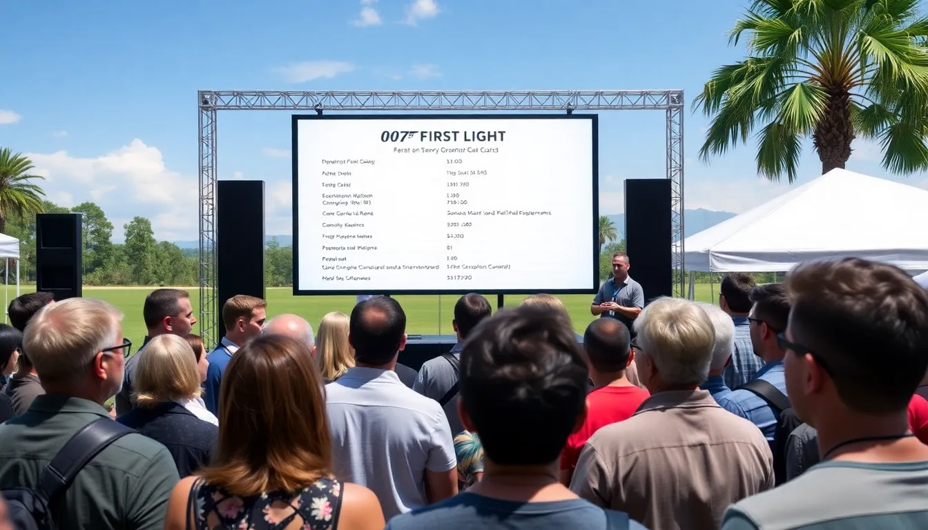 A group of gaming enthusiasts analyzing the impact of the game's specifications at an industry event, reflecting on the balance between graphical fidelity and accessibility for a wider audience