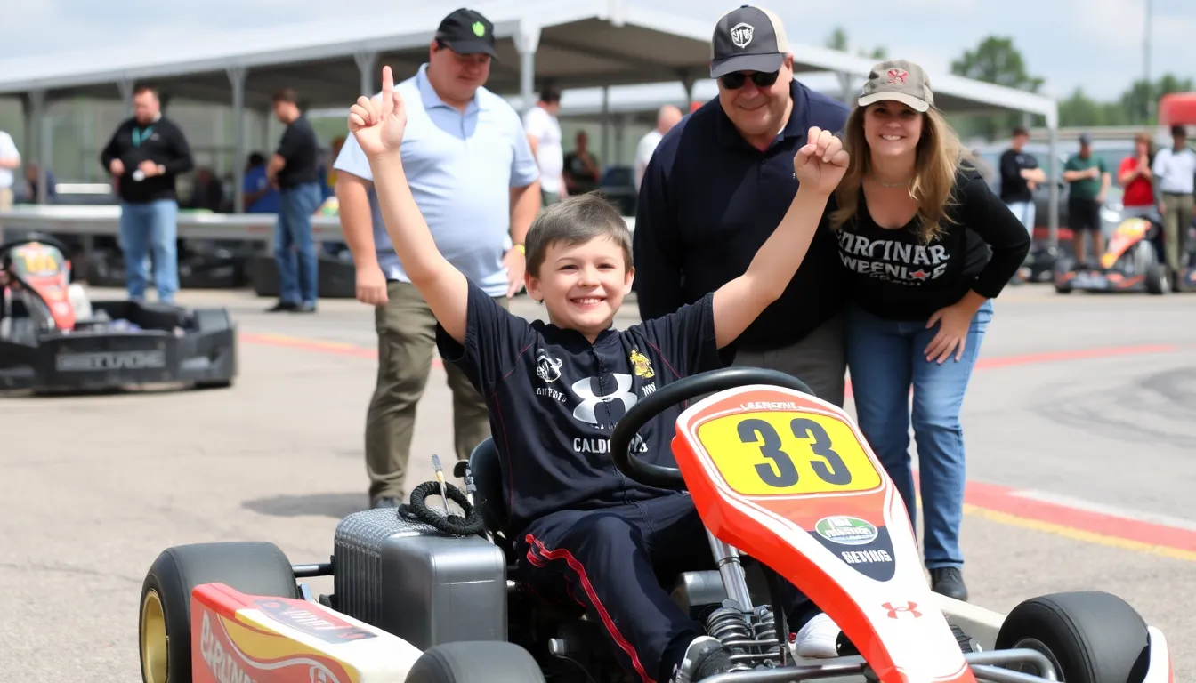 A young gokart racer celebrates on the podium after winning first place at the state championship, surrounded by cheering fans and fellow competitors.