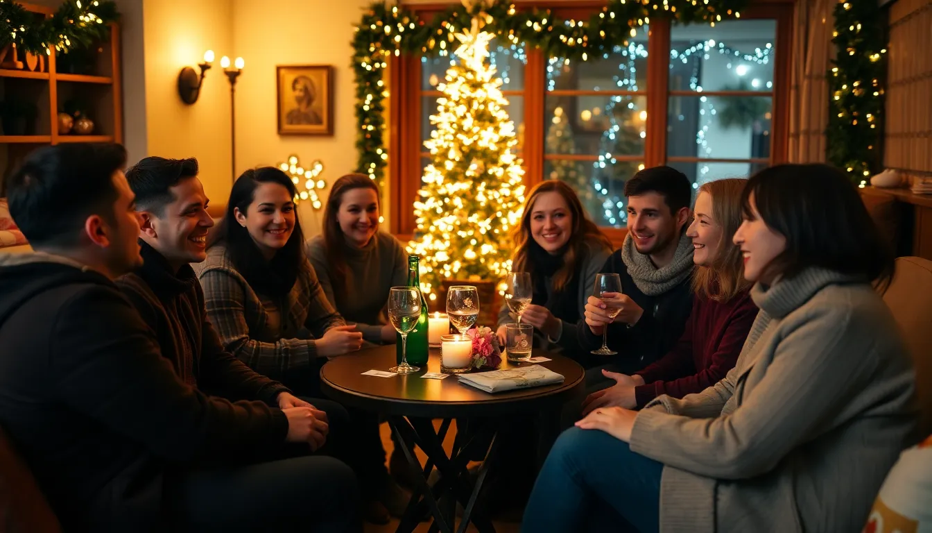 A group of friends gathers around a table filled with festive decorations and drinks, sharing laughter and exchanging heartfelt new year wishes as they celebrate the arrival of 2024.