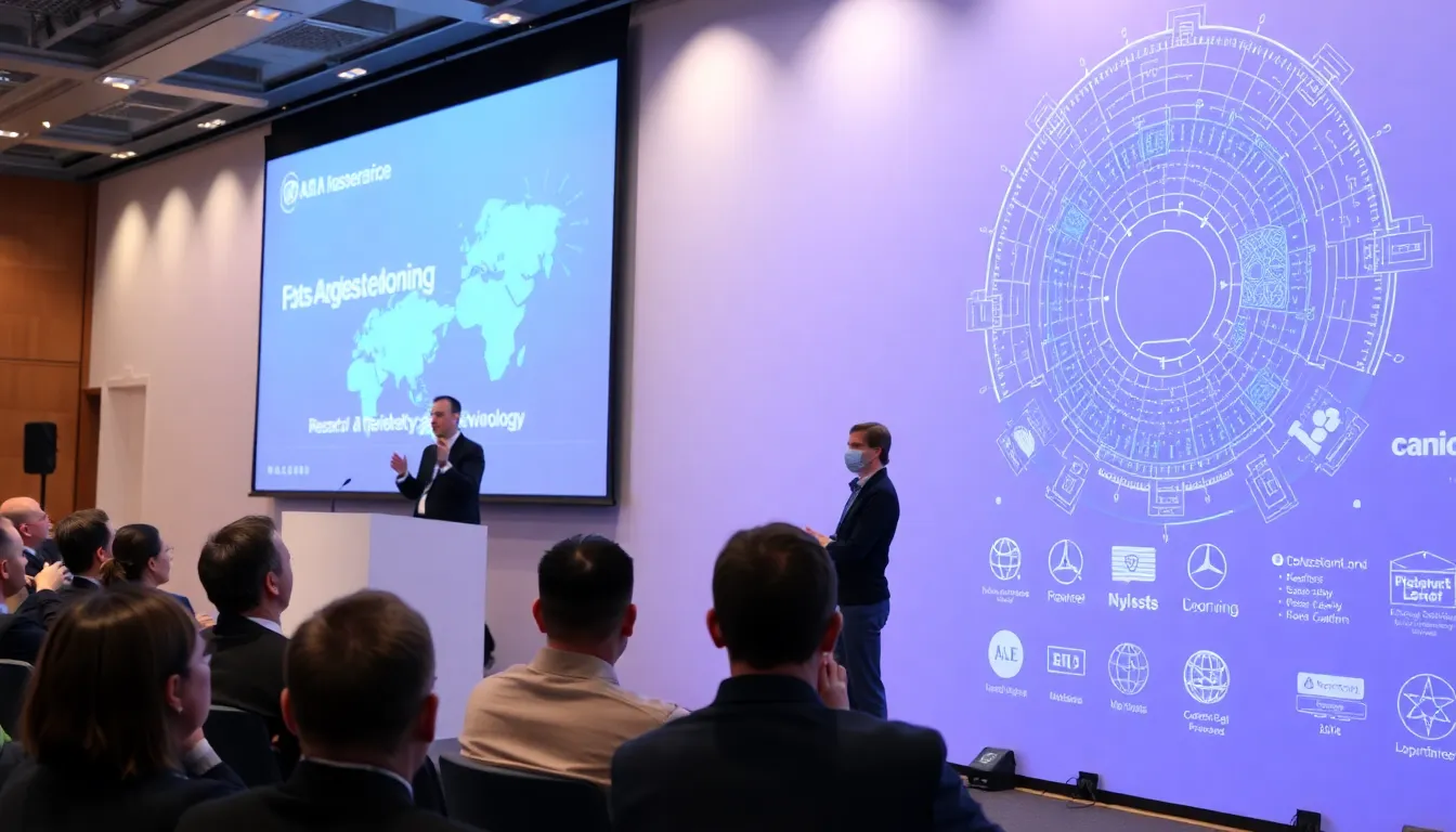 A group of tech professionals discusses the implications of new A.I. terminology at a conference, surrounded by screens displaying data and charts.
