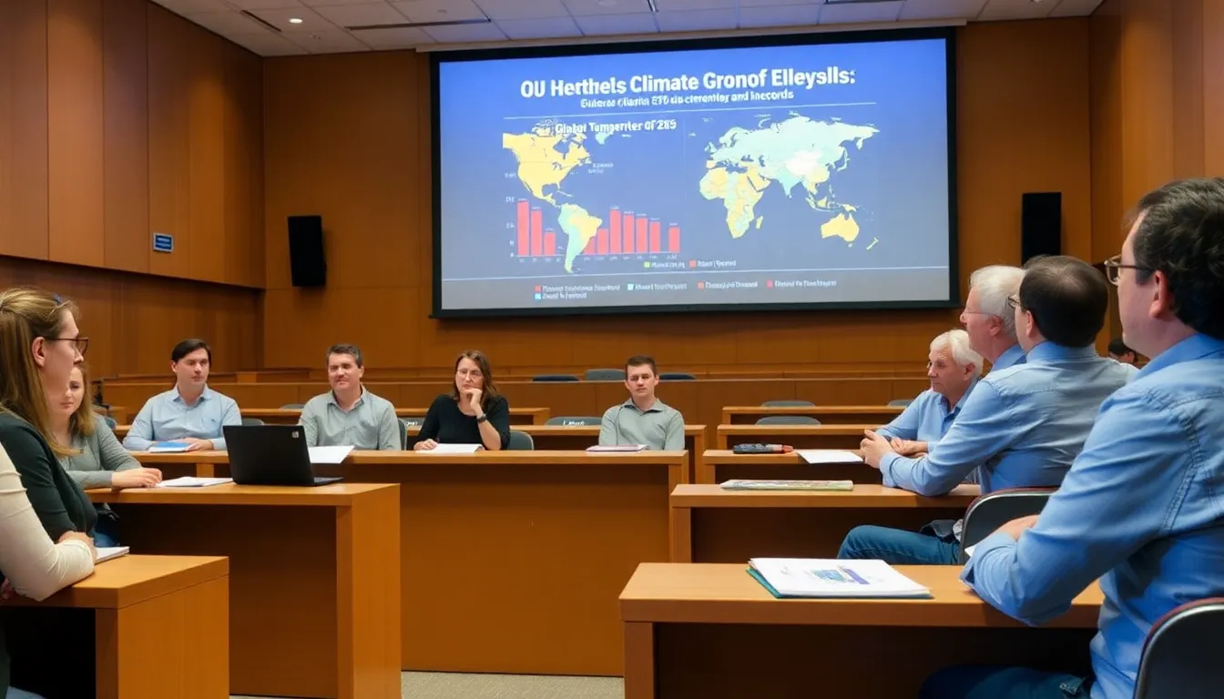 A group of scientists discusses climate data in a laboratory, surrounded by charts and graphs illustrating recent temperature trends and projections for future warming.