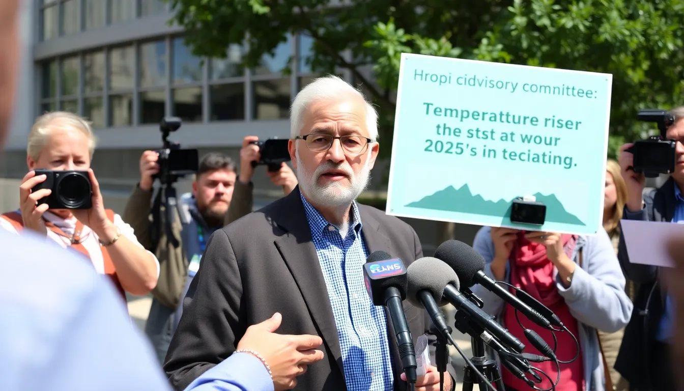 A climate adviser speaks at a press conference, emphasizing the urgent need for action to combat rising global temperatures and the potential heat records expected in 2025.