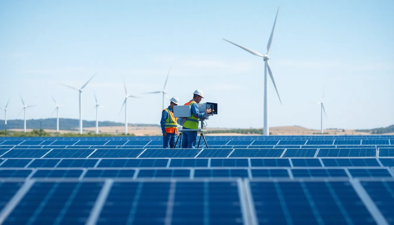 Wind turbines spin against a clear blue sky while solar panels glisten on rooftops, symbolizing Great Britain's record achievement of generating over 50% of its electricity from renewable sources in 2025.