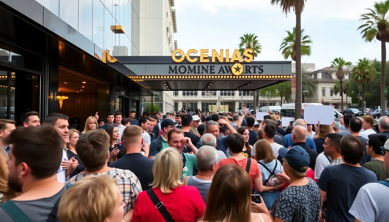 A crowd of film enthusiasts gathers outside the Dolby Theatre, eagerly discussing the recently announced nominees for the 2026 Academy Awards.