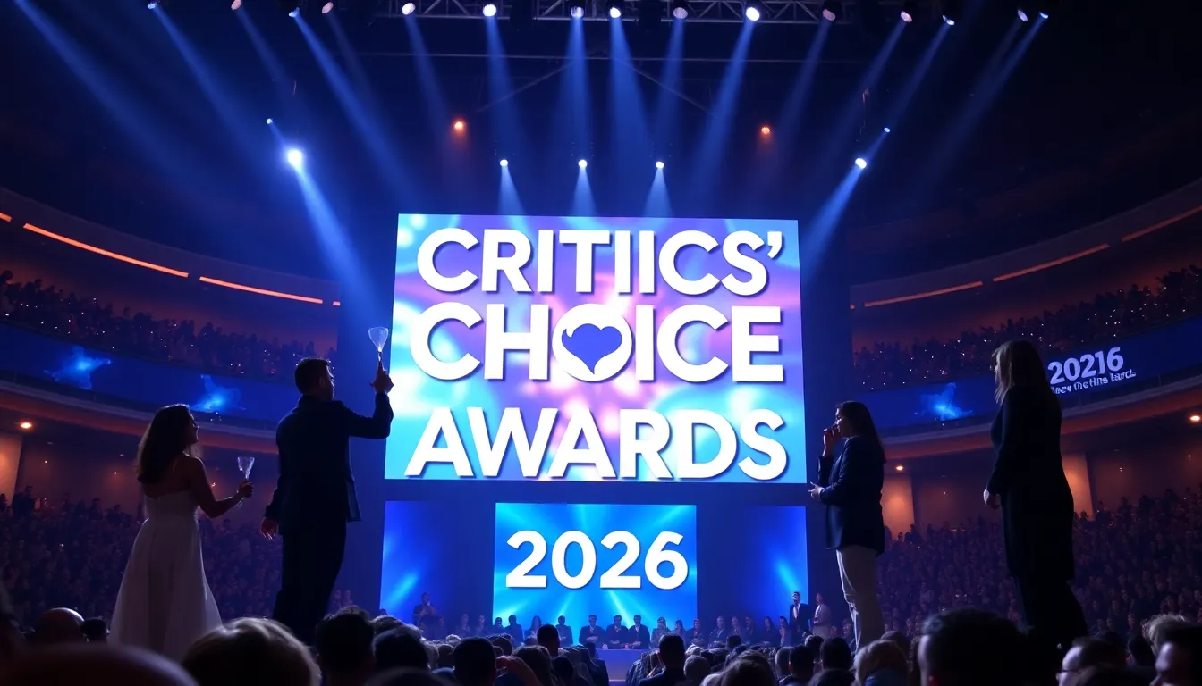 Celebrities gather on the red carpet at the Critics Choice Awards 2026, showcasing glamorous outfits and engaging with fans and media.