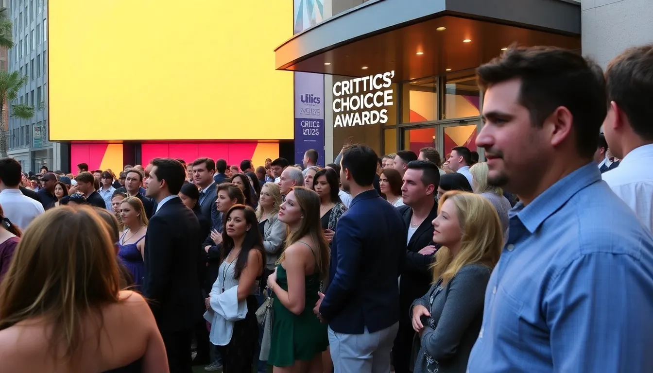 Celebrities dressed in glamorous attire gather on the red carpet at the Fairmont Century Plaza Hotel for the Critics Choice Awards 2026, as fans and media capture the excitement of the event.