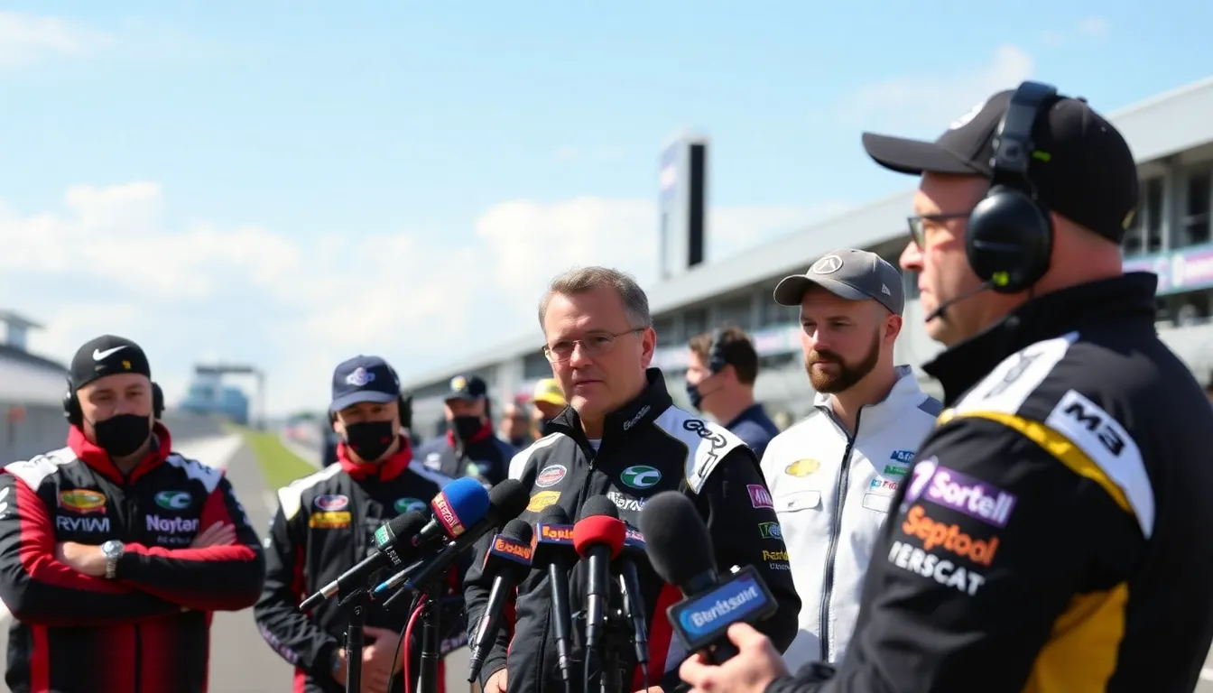 Teams gather in a paddock area at the Daytona International Speedway, discussing strategies and concerns over the upcoming 2026 Daytona 24 Hours amid ongoing debates about Balance of Performance regulations.