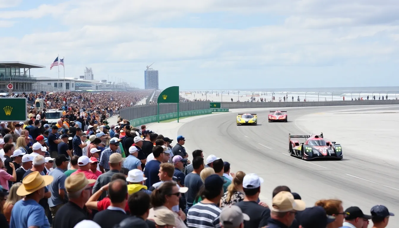 Motorsport fans gather at Daytona International Speedway, eagerly anticipating the start of the 2026 Rolex 24 endurance race.