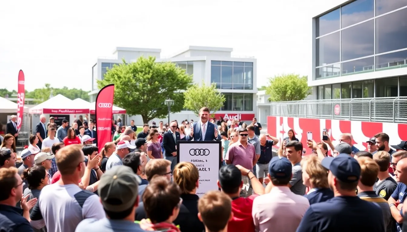 Topps showcases its new Audi Formula 1 trading cards at a promotional event, highlighting the excitement surrounding the team's debut in the upcoming 2026 season.