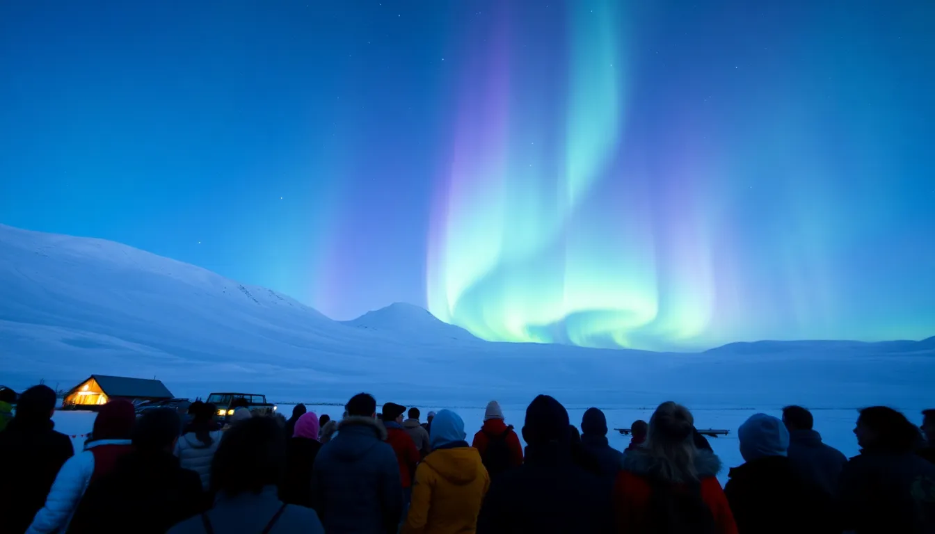 A vibrant display of the Northern Lights illuminates the night sky over a snowy landscape, attracting onlookers who gaze in awe at the colorful auroras dancing above.