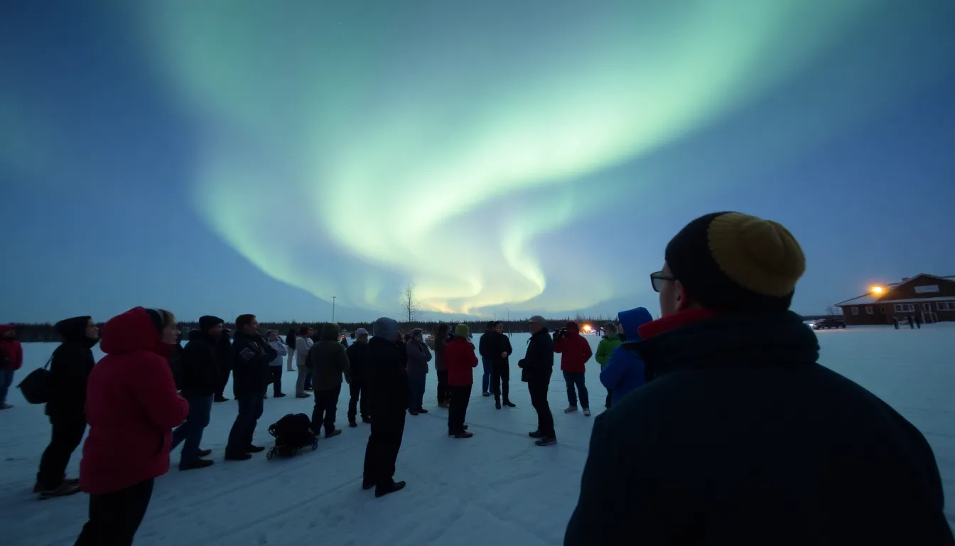 A group of enthusiastic tourists gathered in a remote area, eagerly watching the spectacular aurora display as they capture the moment on their cameras
