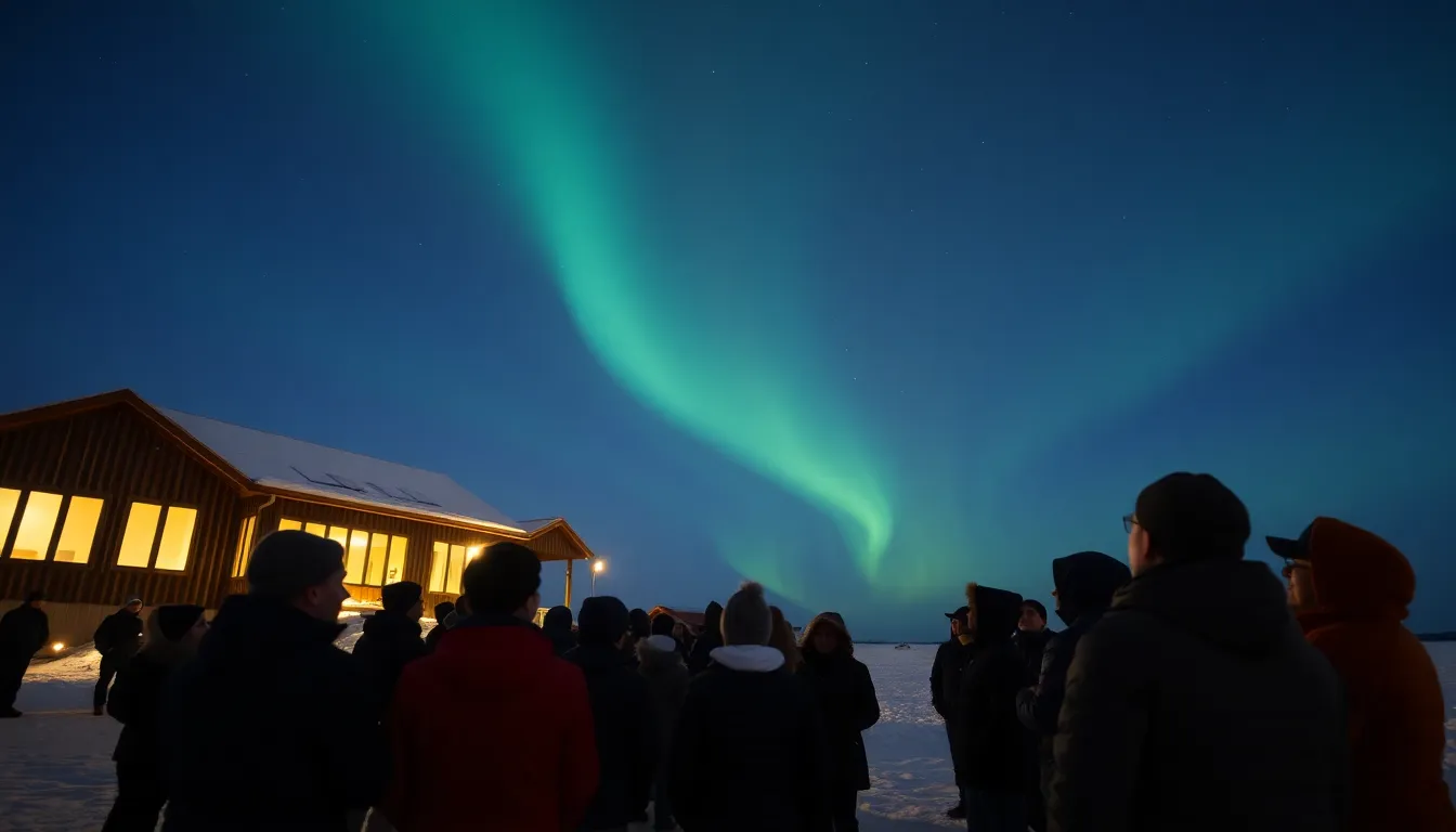 A clear night sky filled with shimmering auroras, reflecting off a tranquil lake, creating a mesmerizing mirror effect that enhances the beauty of the scene