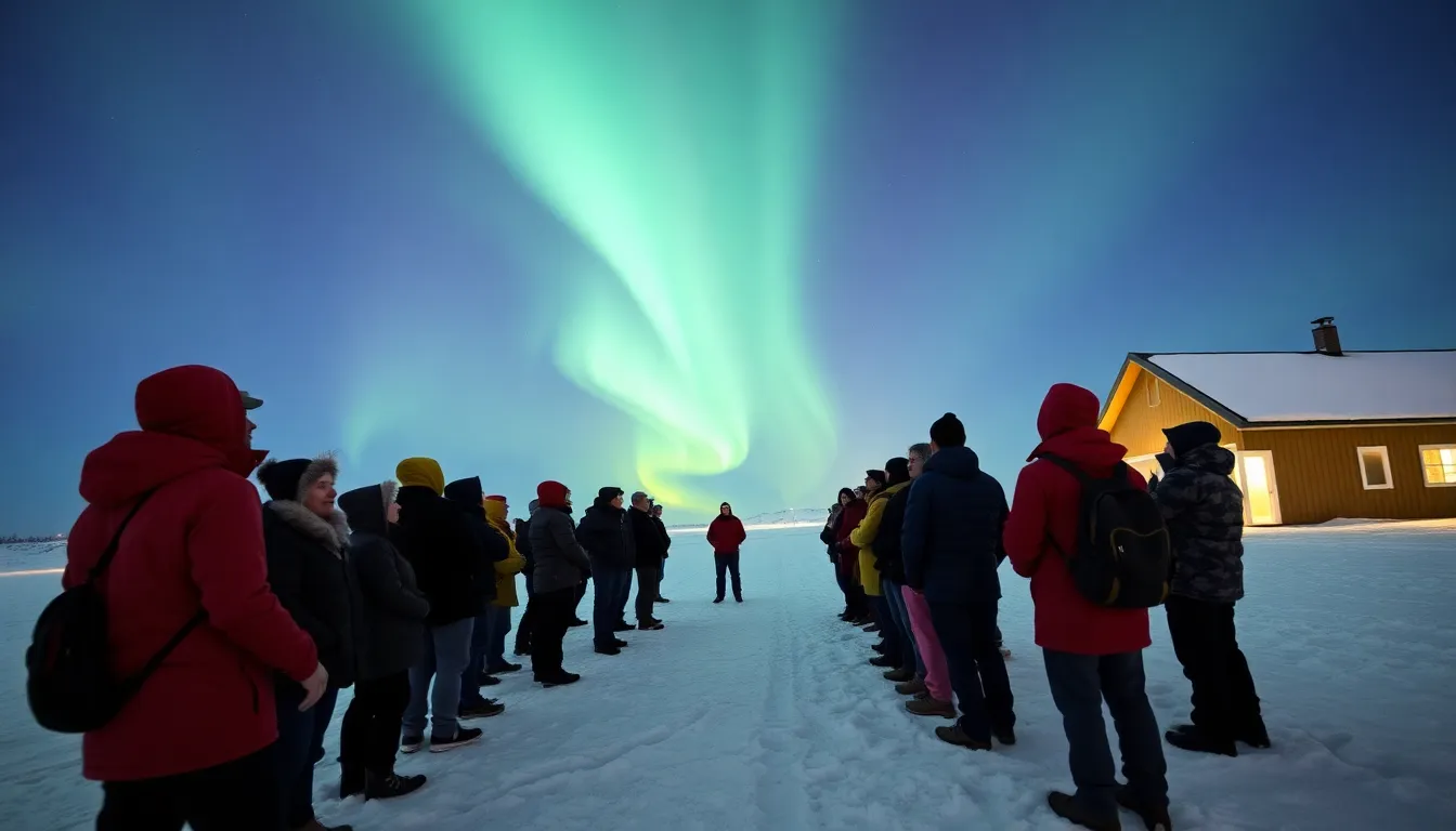 A local guide leading visitors through a darksky initiative area, emphasizing the importance of preserving natural nightscapes for optimal aurora viewing experiences