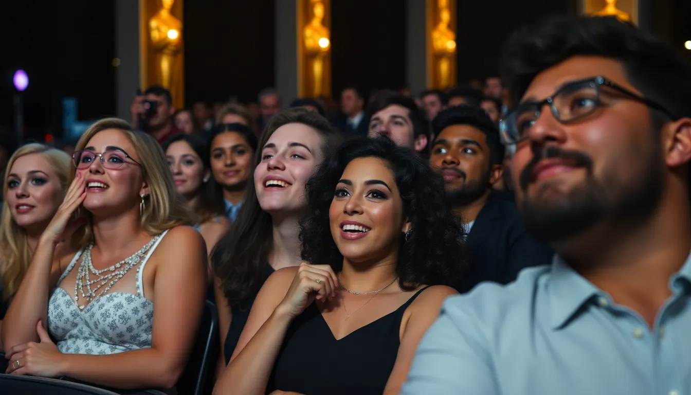 A crowd of film industry professionals gathers at the Dolby Theatre in Hollywood as the nominees for the 2026 Oscars are announced, showcasing a vibrant mix of talent and creativity.