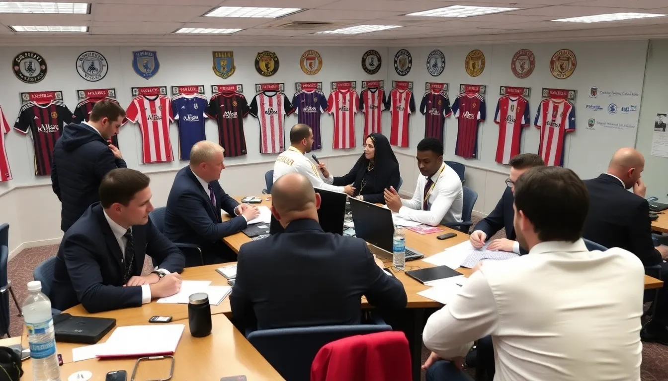 Football club executives and scouts gather in a bustling office, discussing potential player transfers and reviewing player statistics on their laptops during the January 2026 transfer window.