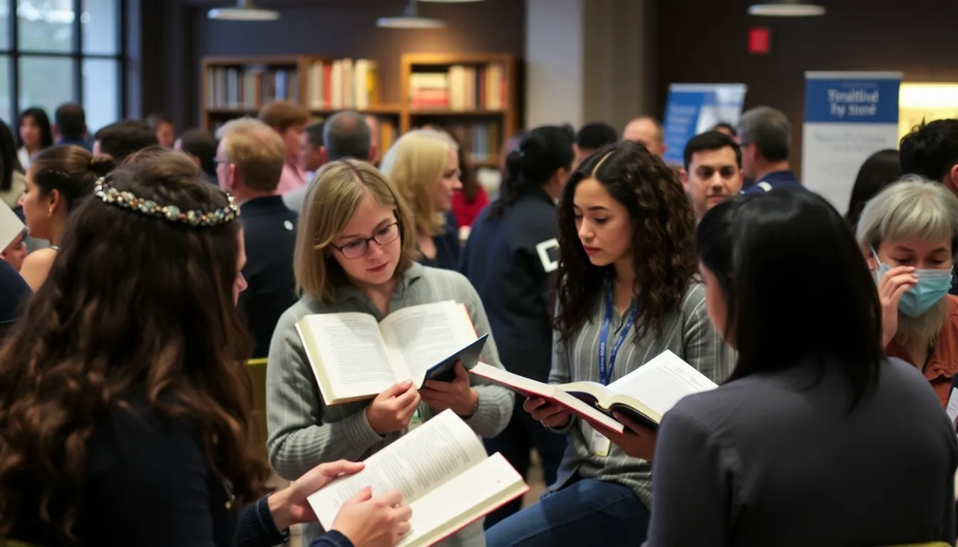 A group of enthusiastic readers gathers at a bustling book fair, eagerly discussing upcoming releases and exchanging recommendations for the anticipated literary works of 2026.