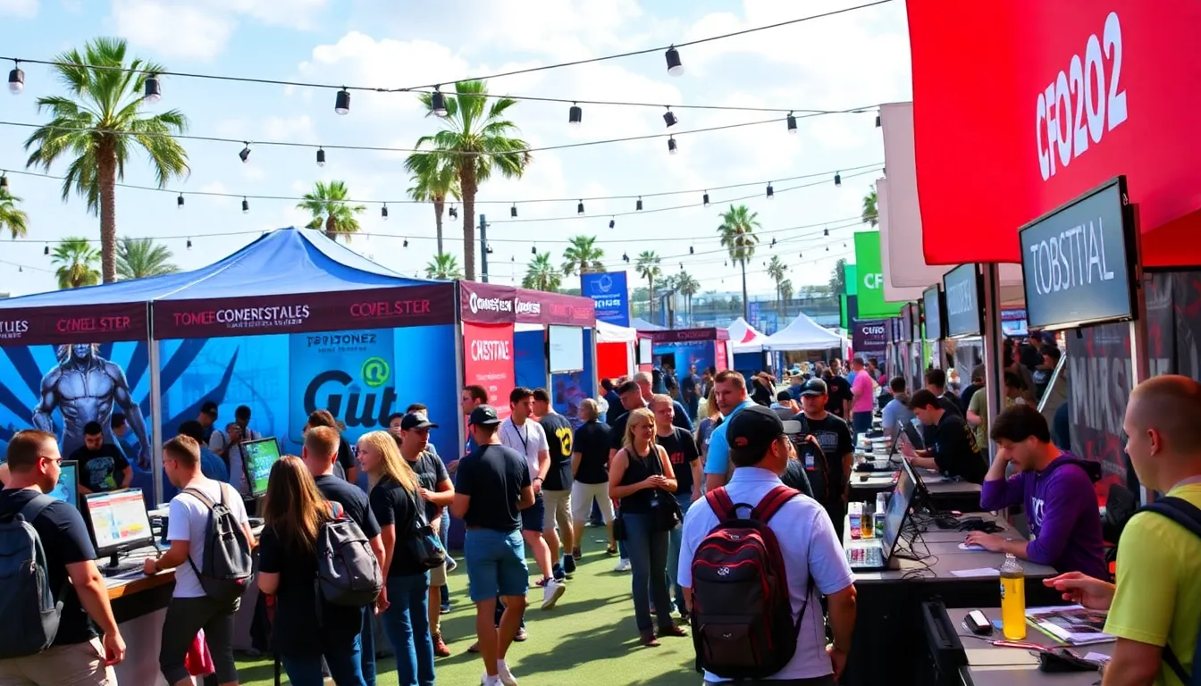 A group of enthusiastic gamers gathers at a convention, eagerly discussing the latest announcements and trailers for upcoming video games set to release in 2026.