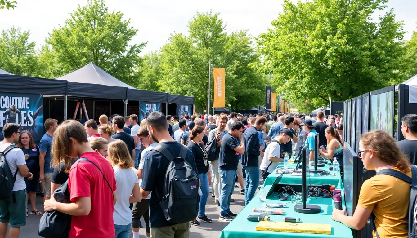 Indie game developers showcasing their innovative projects at the Game Developers Conference, capturing the attention of enthusiastic attendees