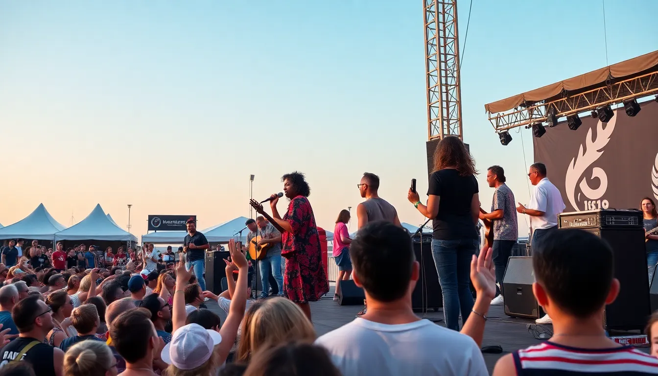 A diverse group of emerging music artists performs on stage at a festival, captivating the audience with their unique sounds and energetic presence.