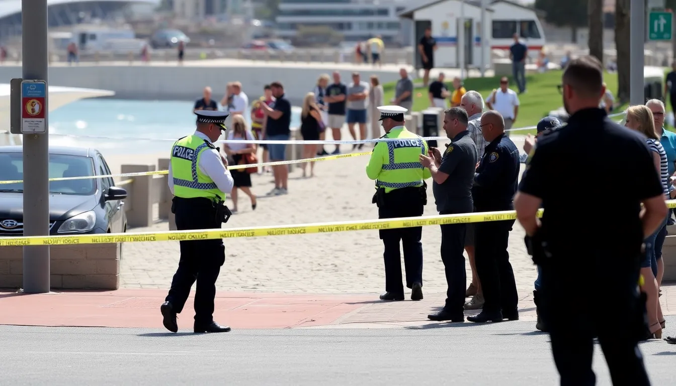A police officer stands near the scene of the Bondi shooting, where a memorial of flowers and candles has been placed in remembrance of the victim.