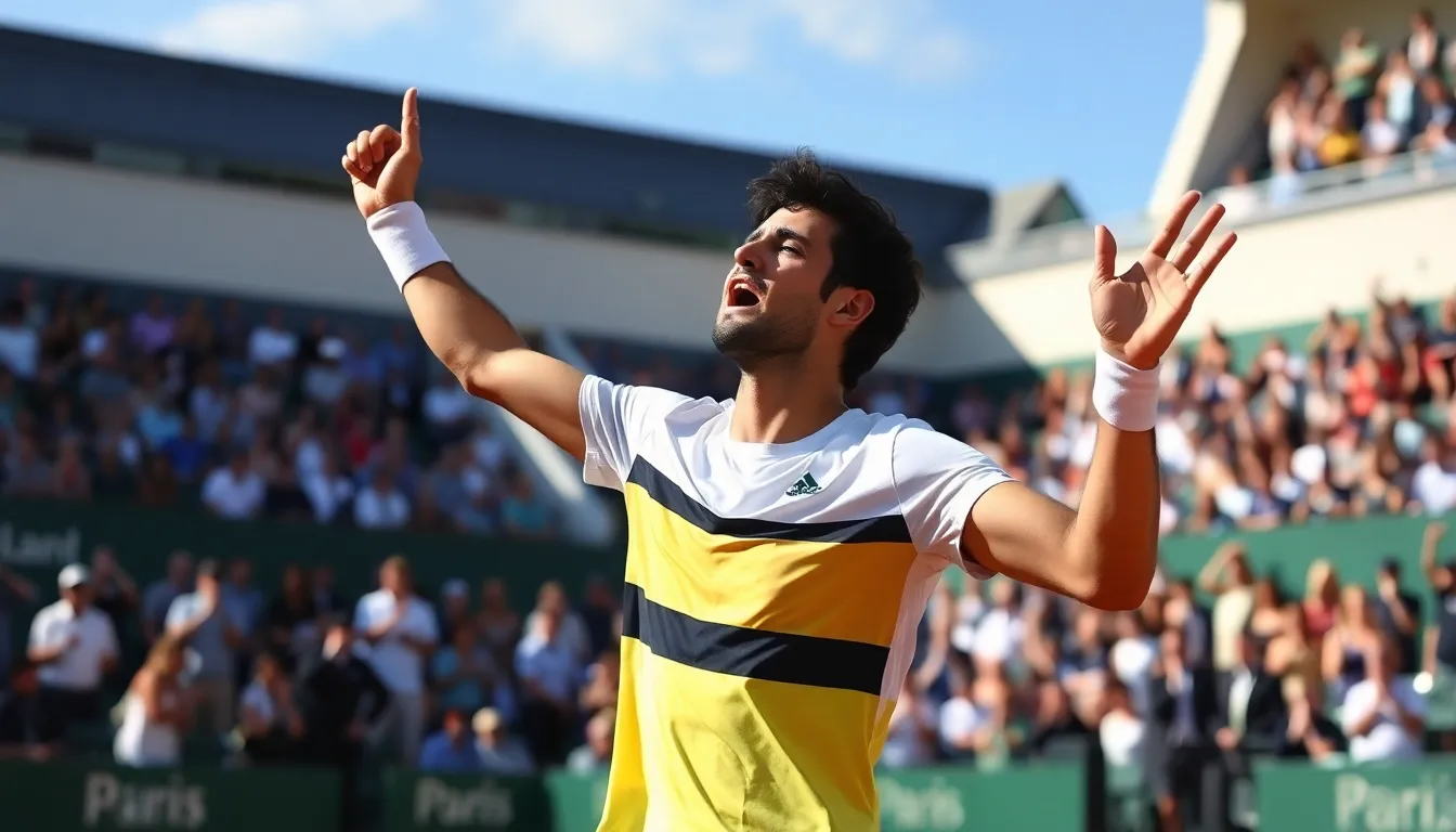 Carlos Alcaraz celebrates his victory on the court after defeating his opponent in the first round of the Grand Slam tournament in Melbourne.