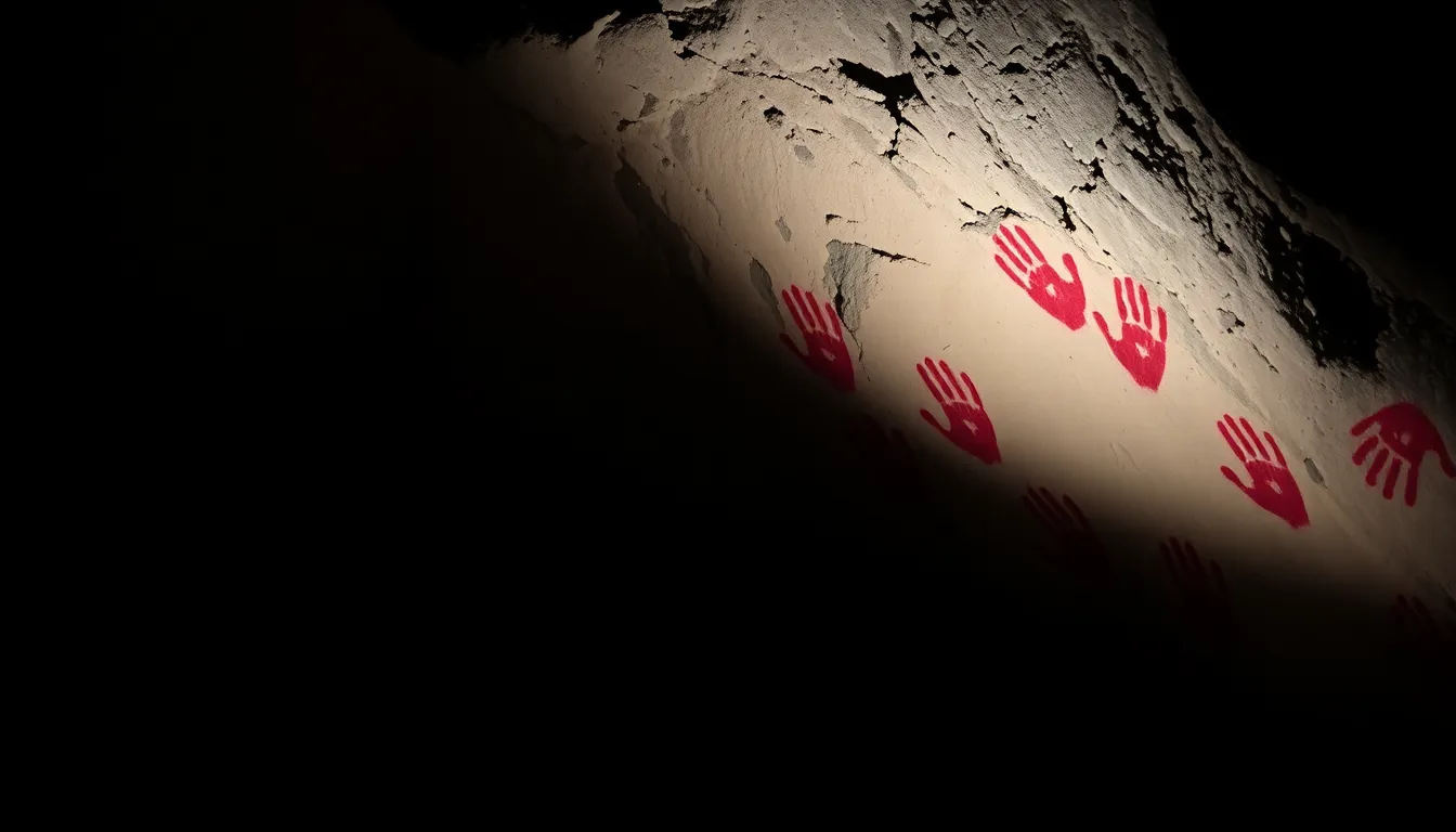 A red clawed hand is painted on the wall of a dimly lit cave, highlighting the ancient artistry believed to be over 40,000 years old.