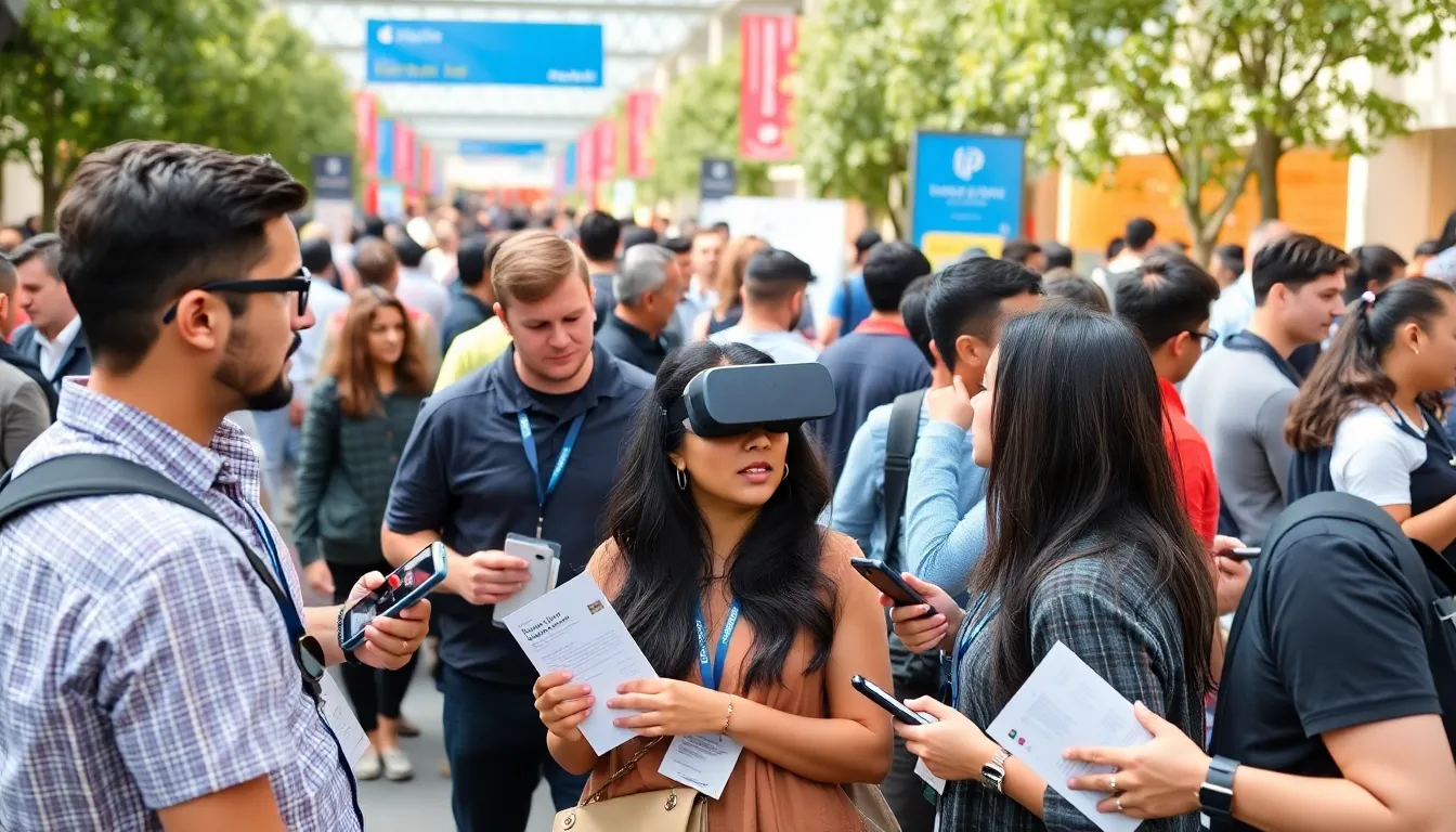 A group of Apple employees discusses the Vision Pro headset's production adjustments in a busy office environment, reflecting the company's response to disappointing sales figures.