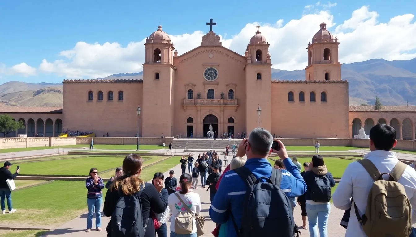 Tourists admire the colonial architecture and vibrant plazas in the historic center of Arequipa, surrounded by the majestic backdrop of the Misti Volcano.