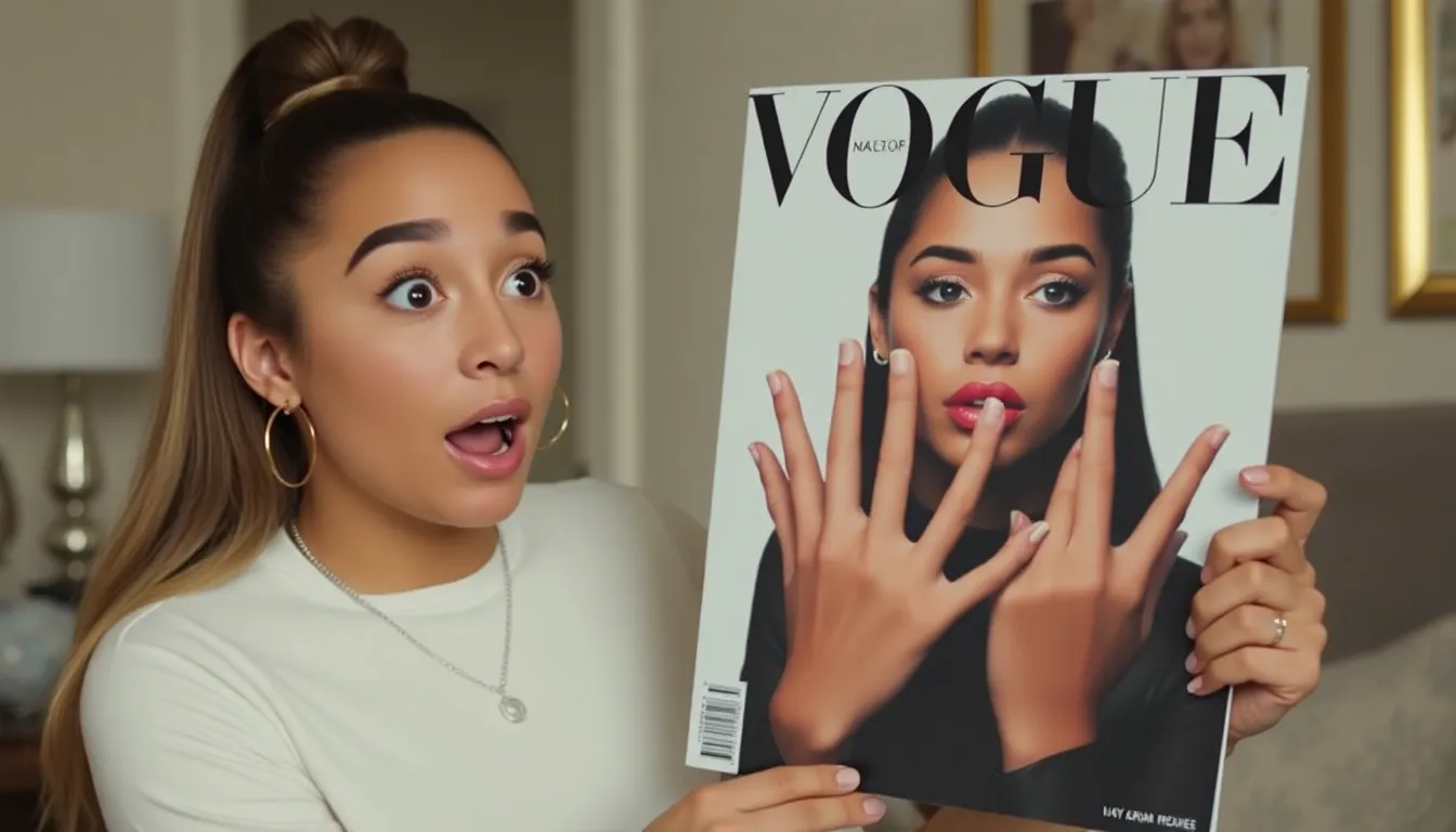 Ariana Grande looks surprised while reacting to her Vogue cover that features a digitally altered image of her with six fingers, sparking discussions about AI in media.