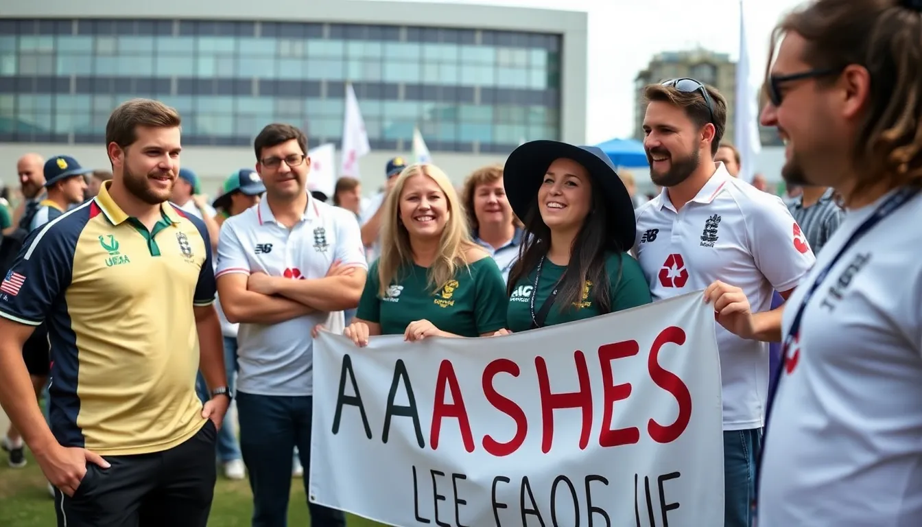 A vibrant crowd of passionate cricket fans eagerly gathering at Lord's, anticipating the thrilling matches of the Ashes series