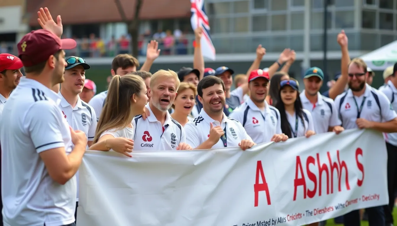 A lively pub scene filled with enthusiastic supporters, celebrating their teams and enjoying the camaraderie during the Ashes series