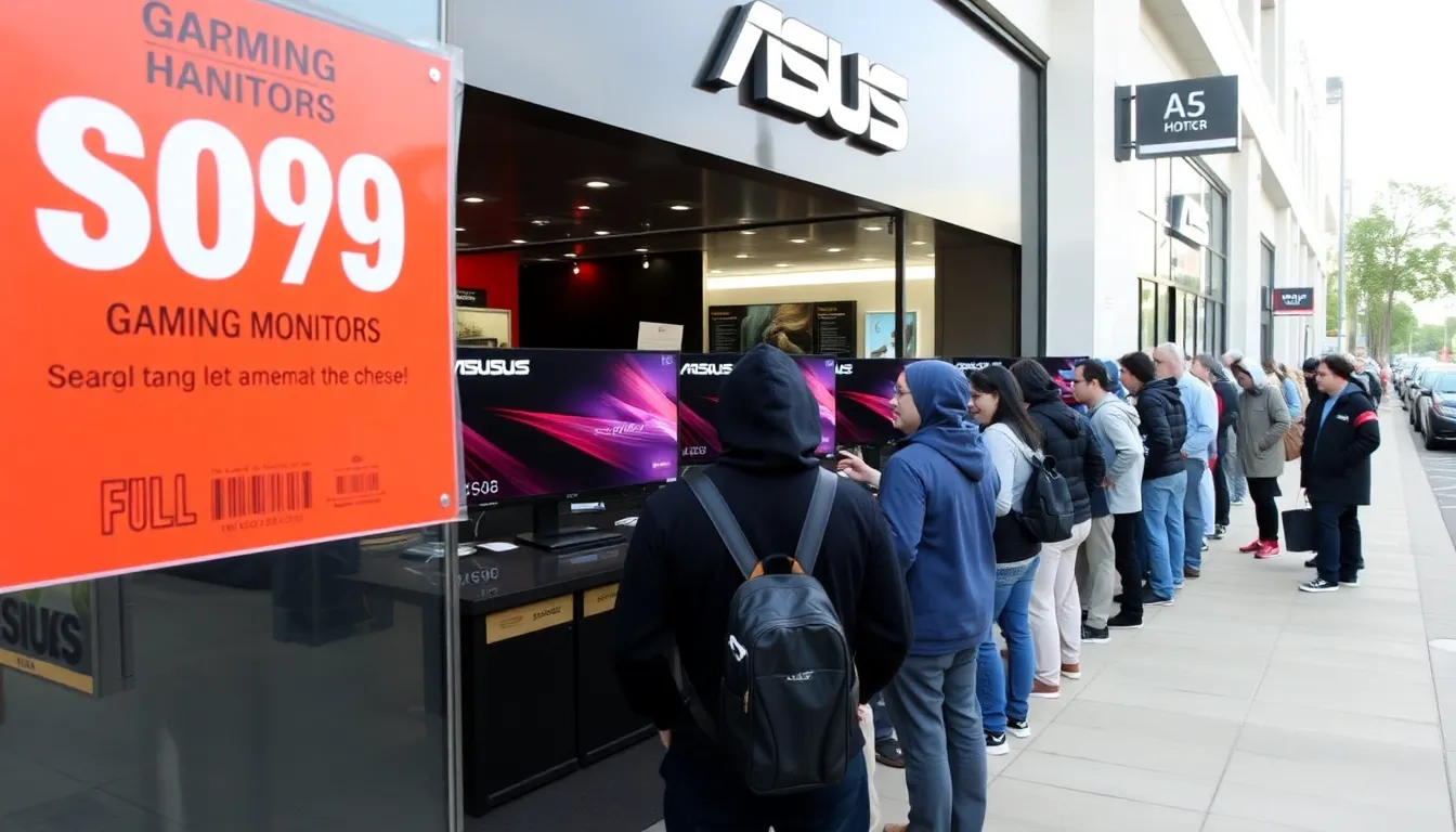 A group of excited gamers discusses the recent discount on an Asus gaming monitor at a bustling electronics store.