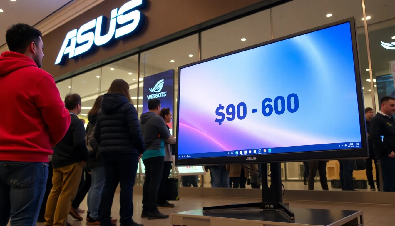 다양한 Asus 게이밍 모니터가 할인 가격과 함께 진열된 쇼핑몰의 풍경