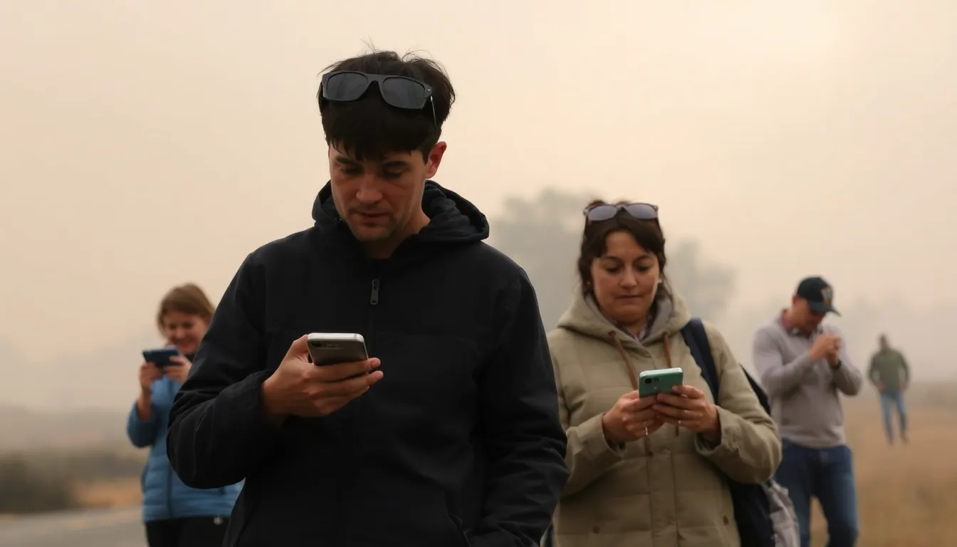 Residents in a Victorian town gather outside their homes, anxiously watching as smoke billows from nearby bushfires, while emergency services issue urgent evacuation warnings.