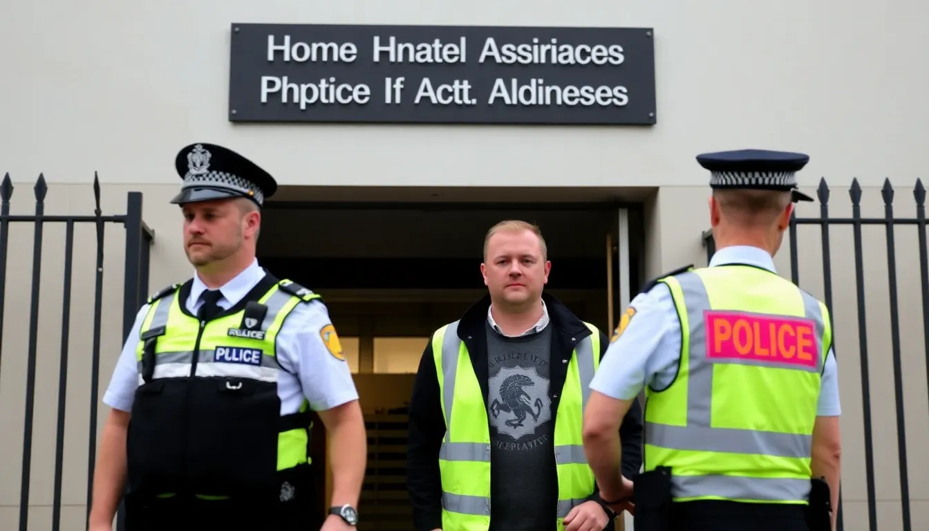 Australian authorities escort a British man in handcuffs as he is led to a waiting vehicle for deportation due to alleged neoNazi connections.