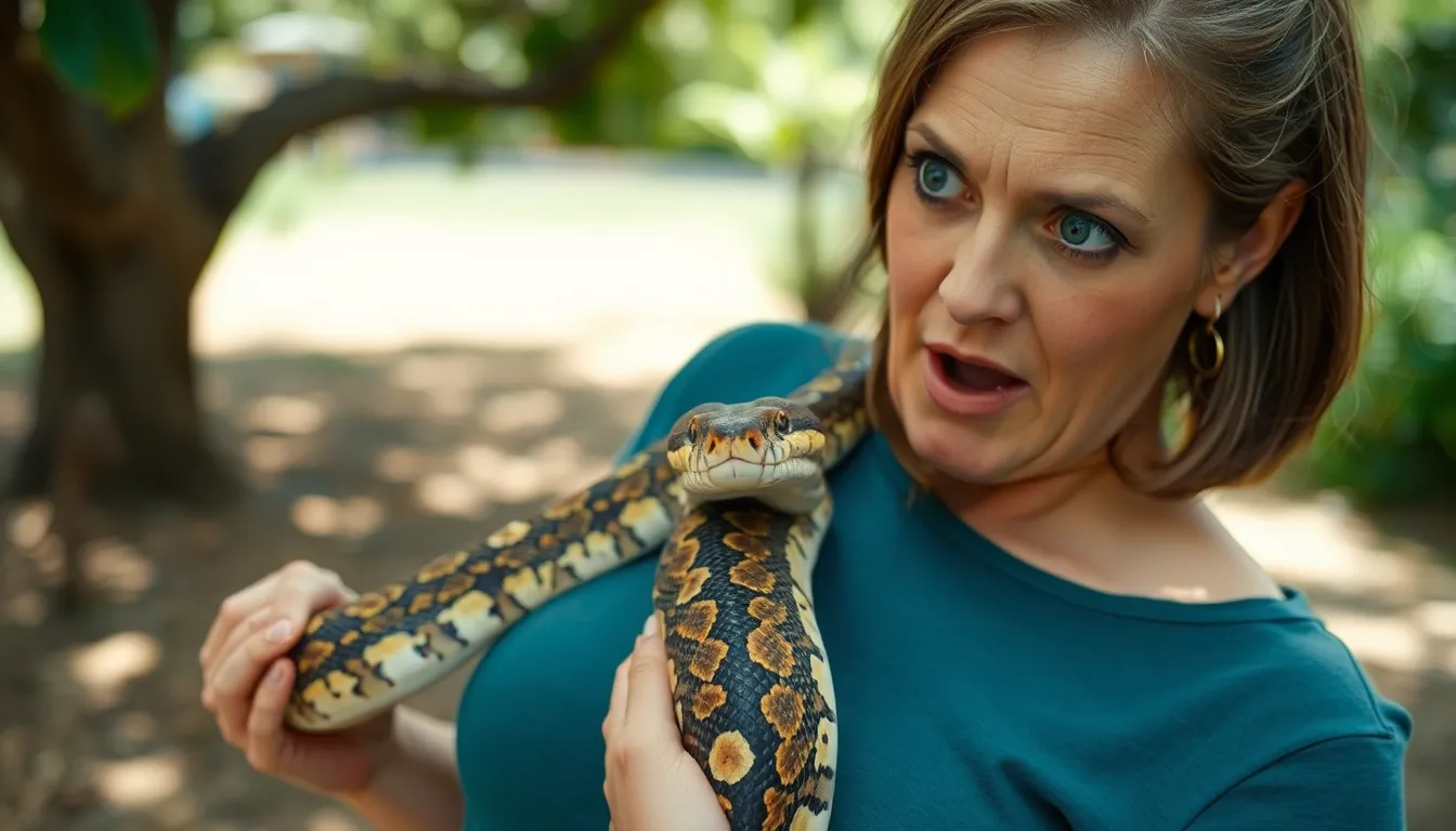 A woman lies in bed with a large python draped across her chest, looking surprised and slightly alarmed in her Queensland home.