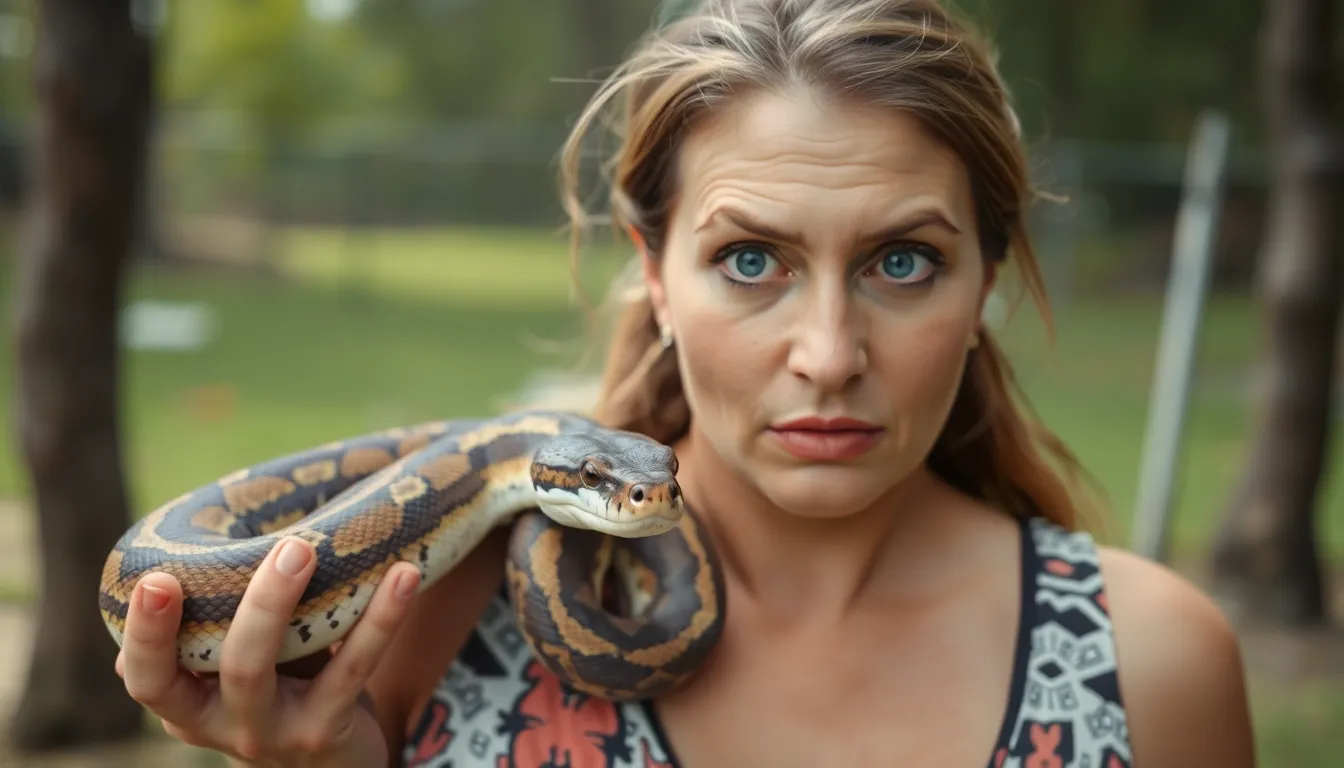 The massive python, several meters long, displaying a calm demeanor as it lies on the woman's body