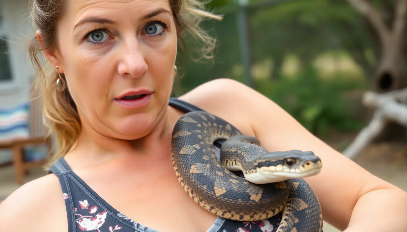 The woman's startled expression as she processes the surprising presence of the snake in her home environment
