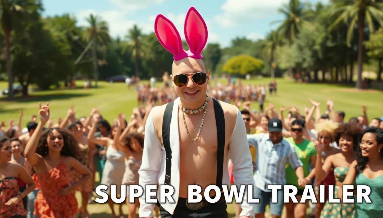 Bad Bunny performs energetically on stage surrounded by a diverse group of dancers, all celebrating cultural unity through vibrant dance moves in a colorful setting.