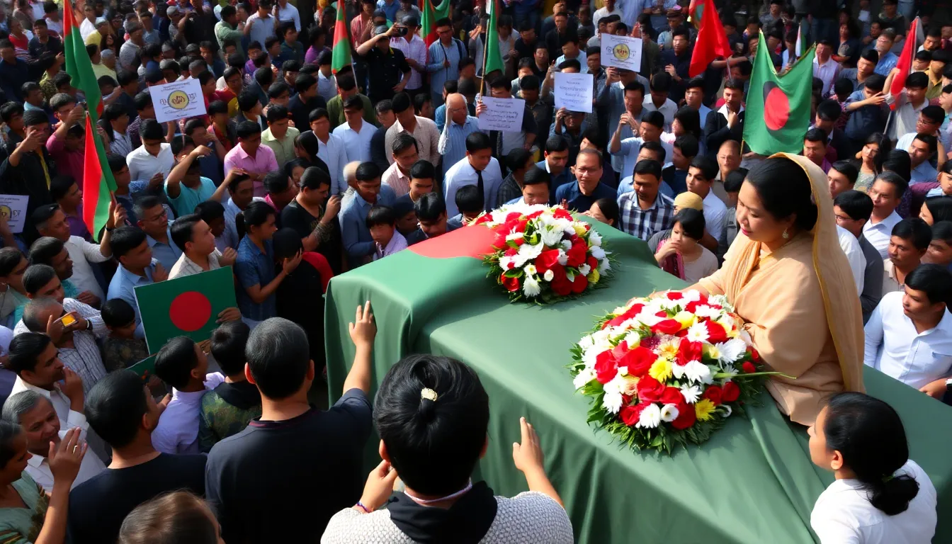 Thousands of mourners gather outside the National Mosque in Dhaka, holding flowers and banners to honor the legacy of Khaleda Zia during her state funeral.
