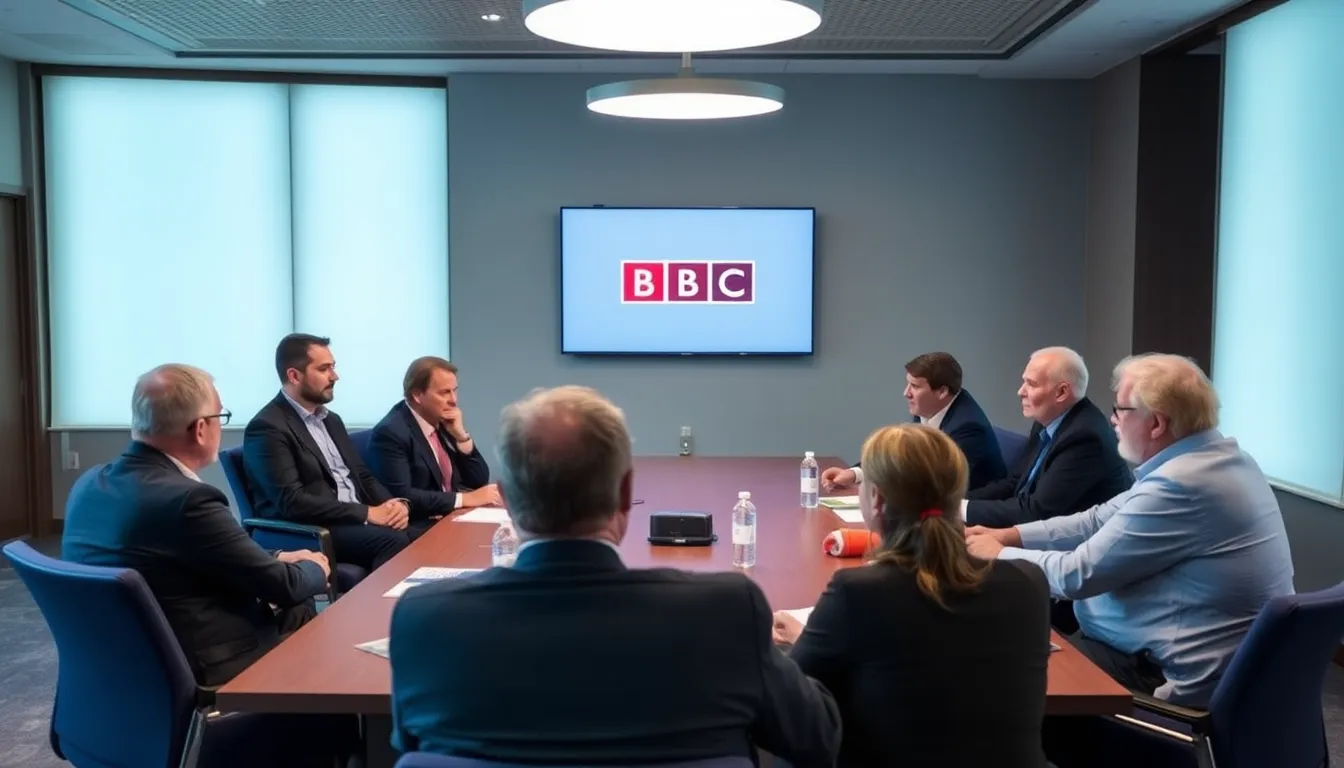 A group of scientists discusses renewable energy solutions during a live broadcast of BBC Inside Science, with charts and data displayed prominently in the background.