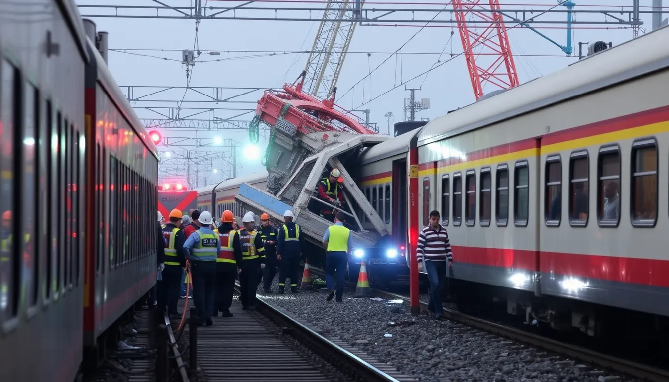A collapsed crane lies across a damaged passenger train in Nakhon Pathom, with emergency responders attending to injured passengers amidst the wreckage.