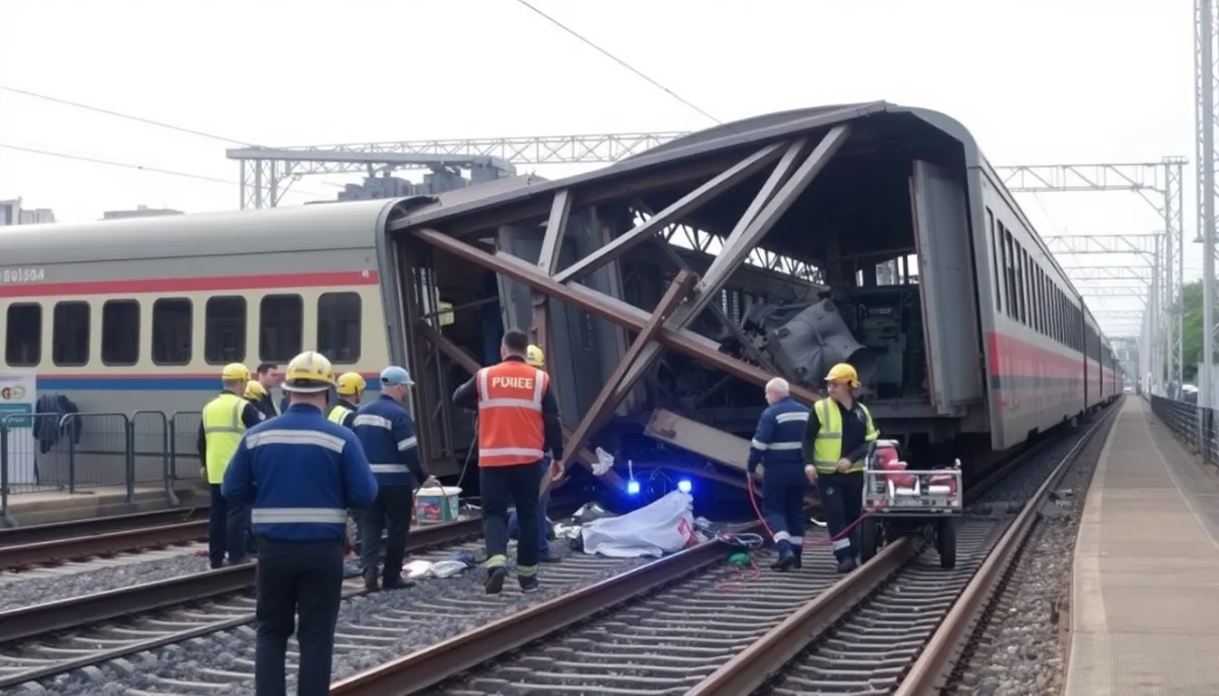 Emergency responders provide medical assistance to injured passengers amidst the wreckage of the train and crane