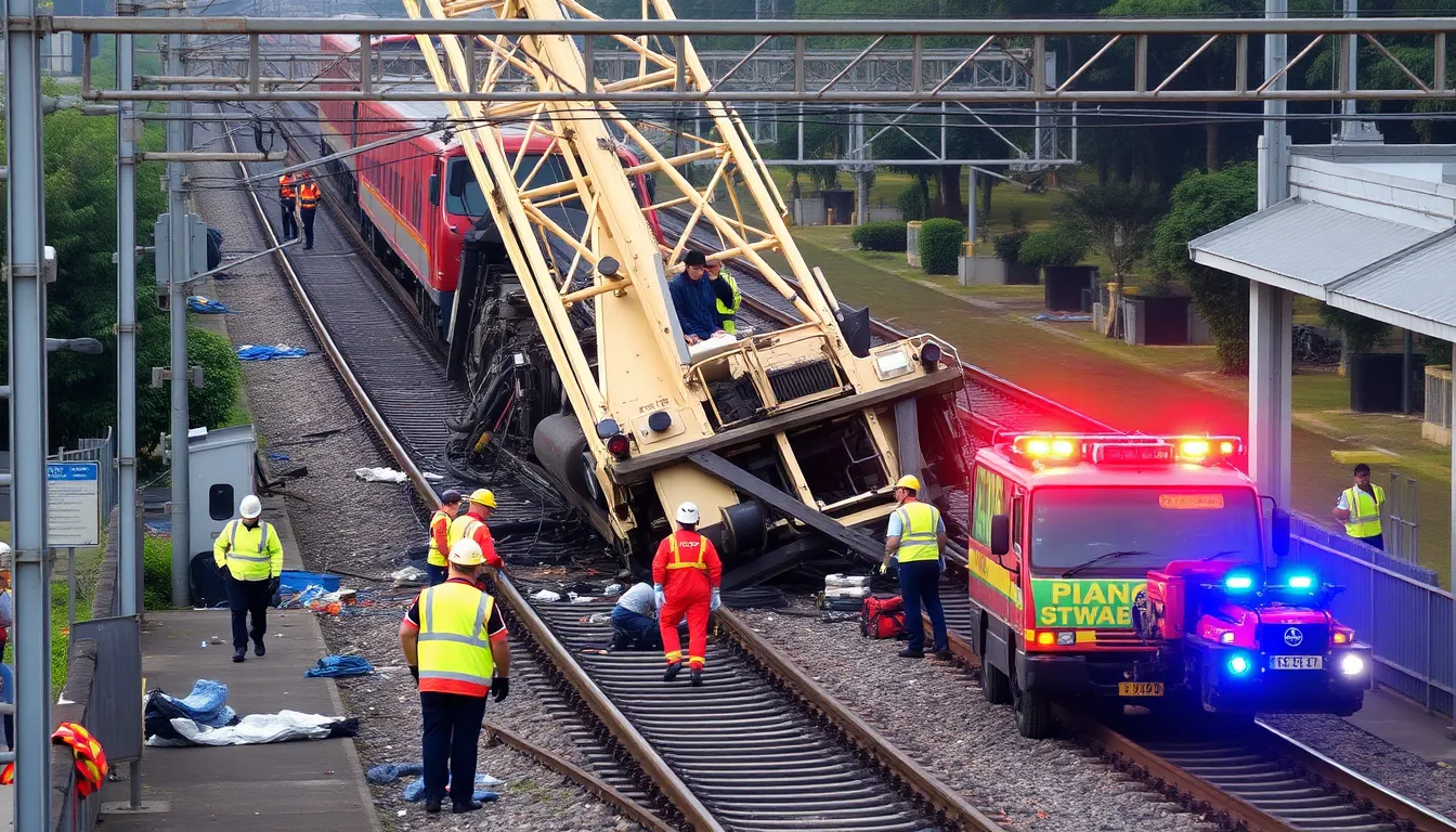 Authorities assess the scene, highlighting the significant structural damage caused by the unexpected crane collapse