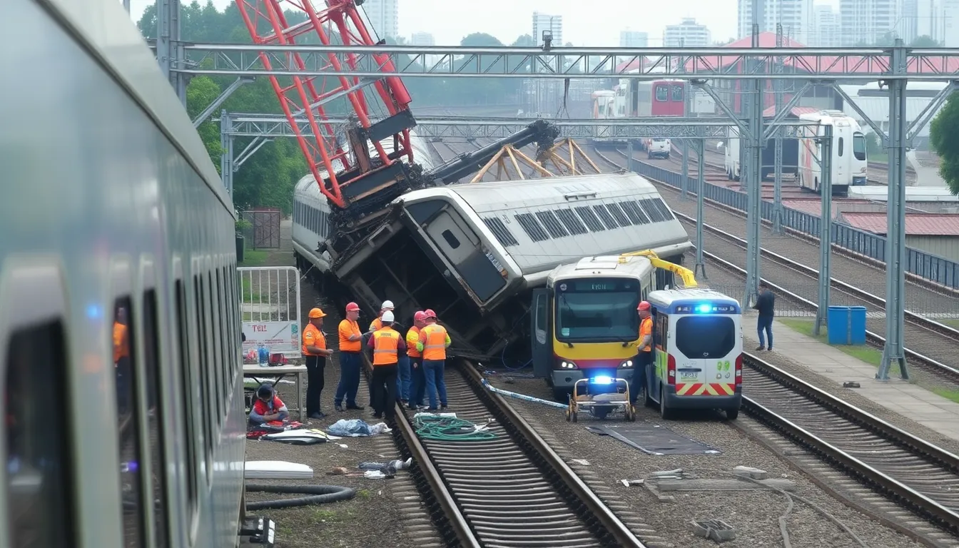 Commuters wait anxiously at a nearby station as train services are suspended following the incident involving the crane