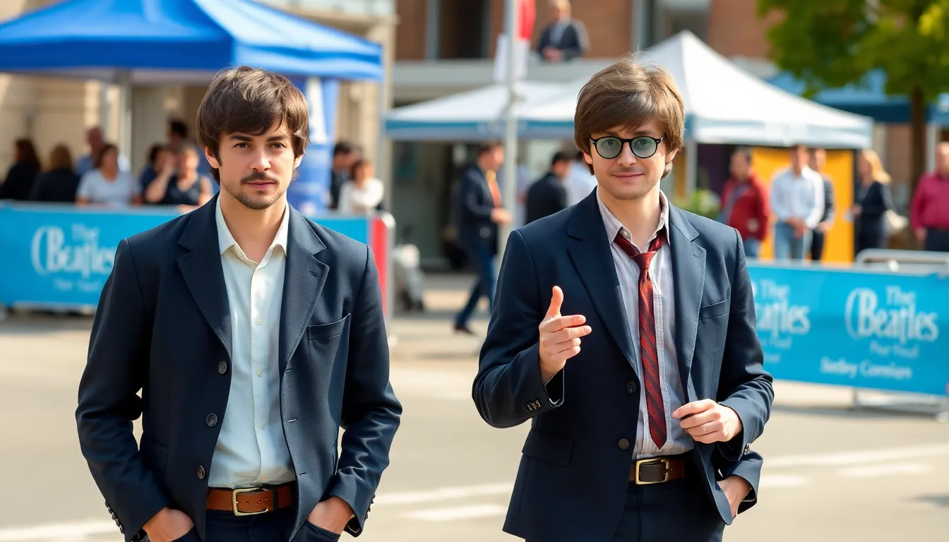 Paul Mescal and Barry Keoghan pose together in a promotional setting, dressed as Paul McCartney and Ringo Starr, surrounded by vibrant Beatlesthemed decor.