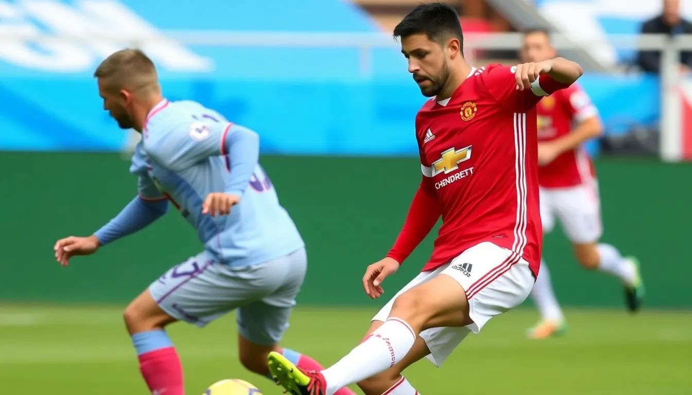 Bendito Mantato confidently dribbles the ball during his debut match for Manchester United against Liverpool at Old Trafford, with fans cheering in the background.